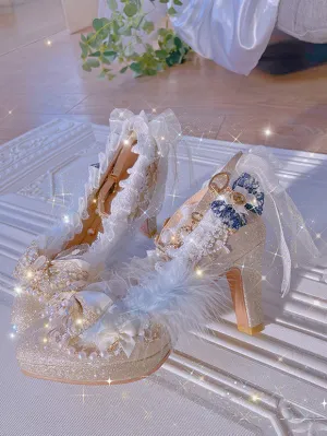 Sweet Lolita Footwear Champagne Pearls Bows Lace PU Leather Chunky Heel Lolita Pumps