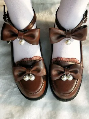 Sweet Lolita Footwear Ecru White Bows Pearls Puppy Heel Lolita Pumps
