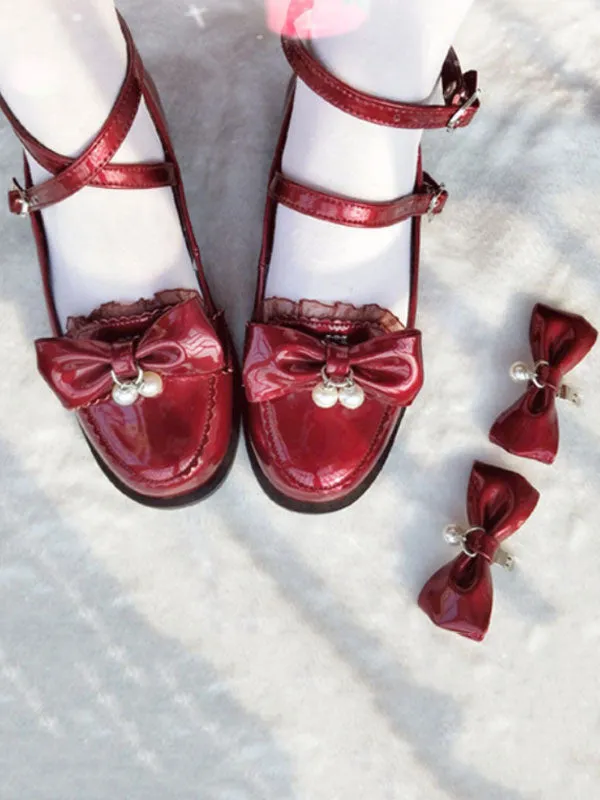 Sweet Lolita Footwear Ecru White Bows Pearls Puppy Heel Lolita Pumps