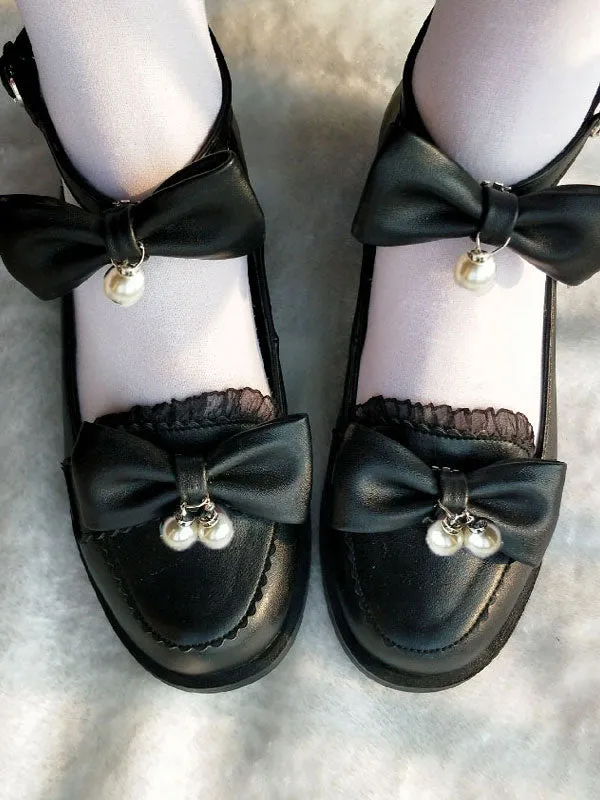 Sweet Lolita Footwear Ecru White Bows Pearls Puppy Heel Lolita Pumps