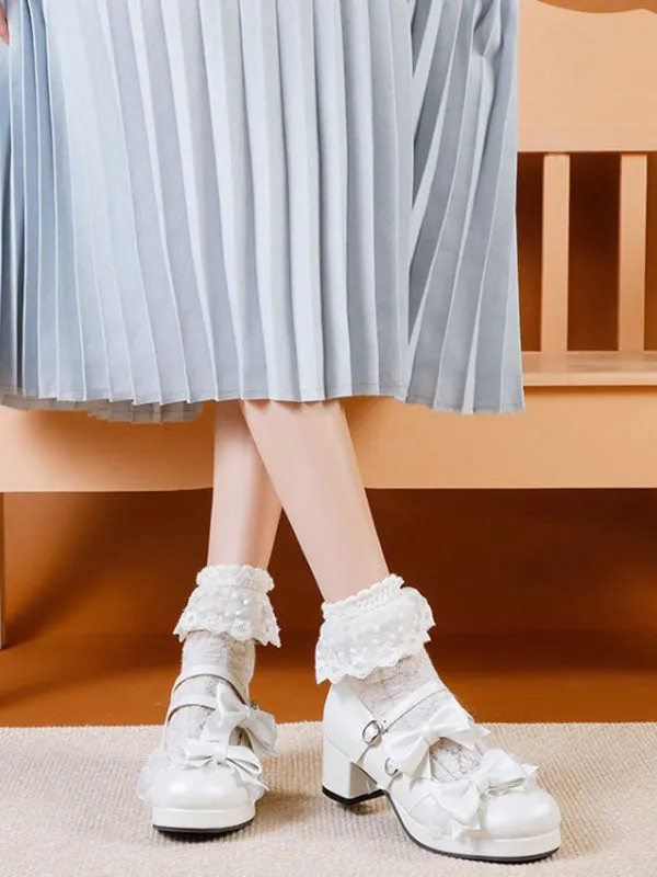 Sweet Lolita Footwear Light Green Bows Round Toe PU Leather Lolita Pumps