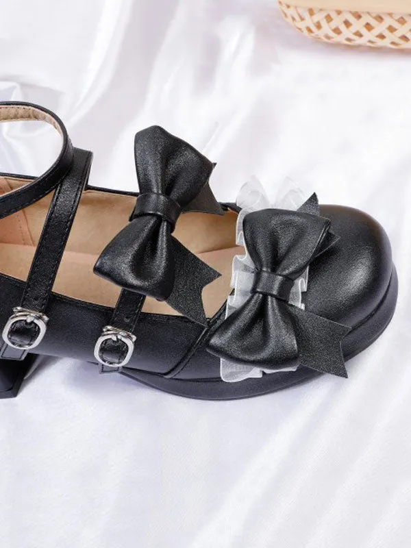 Sweet Lolita Footwear Light Green Bows Round Toe PU Leather Lolita Pumps
