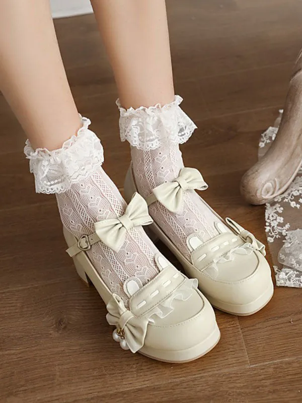 Sweet Lolita Footwear Pink Bowkont Round Toe PU Leather Lolita Pumps