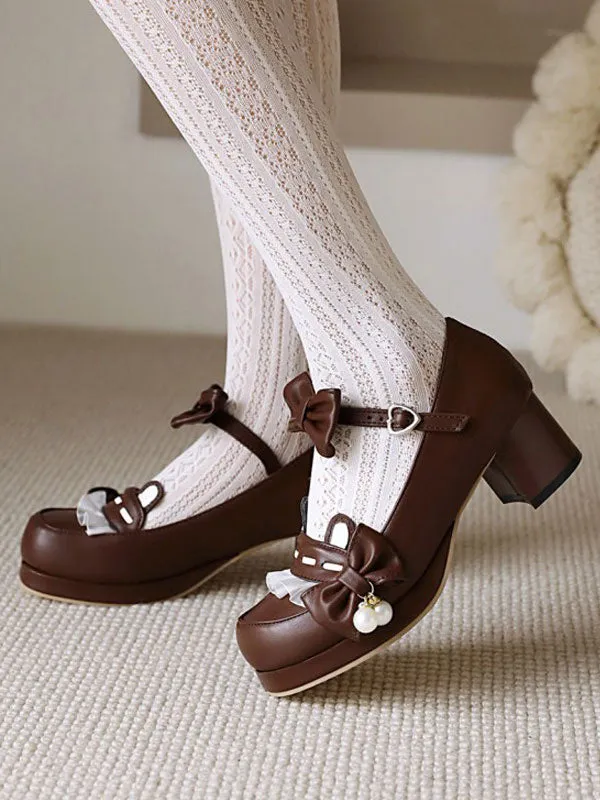 Sweet Lolita Footwear Pink Bowkont Round Toe PU Leather Lolita Pumps