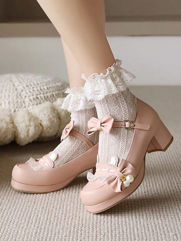 Sweet Lolita Footwear Pink Bowkont Round Toe PU Leather Lolita Pumps