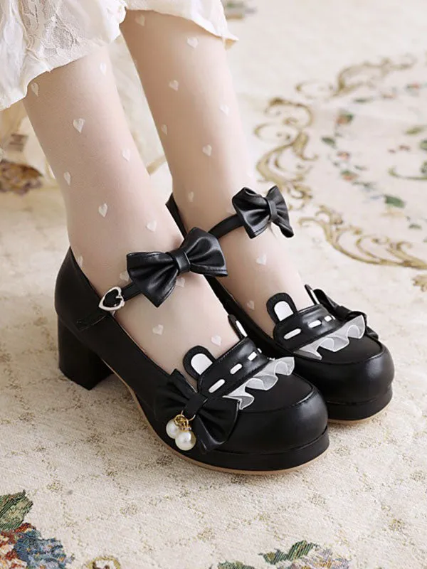 Sweet Lolita Footwear Pink Bowkont Round Toe PU Leather Lolita Pumps