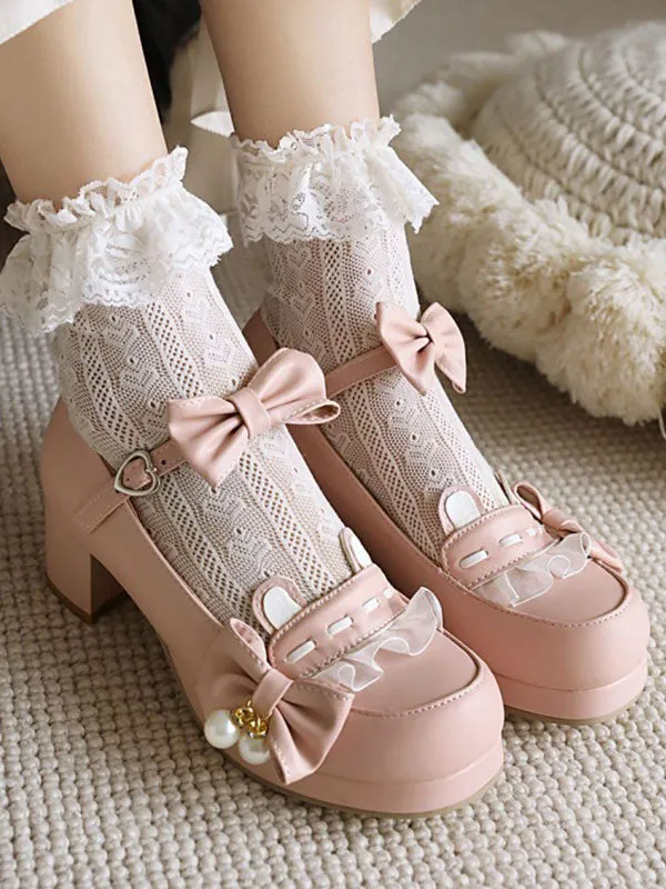 Sweet Lolita Footwear Pink Bowkont Round Toe PU Leather Lolita Pumps