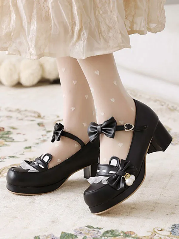 Sweet Lolita Footwear Pink Bowkont Round Toe PU Leather Lolita Pumps
