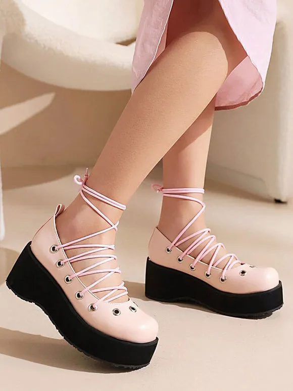 Sweet Lolita Footwear Pink Lace Up Round Toe PU Leather Lolita Shoes