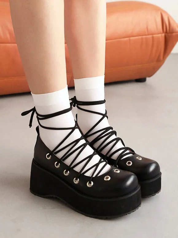 Sweet Lolita Footwear Pink Lace Up Round Toe PU Leather Lolita Shoes