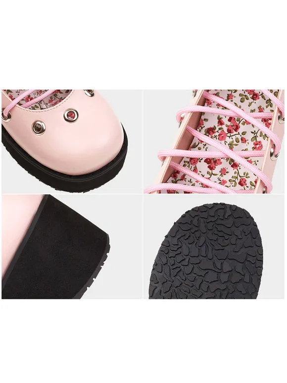 Sweet Lolita Footwear Pink Lace Up Round Toe PU Leather Lolita Shoes