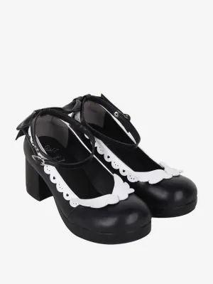 Sweet Lolita Footwear White Bows Bow PU Leather Chunky Heel Lolita Pumps