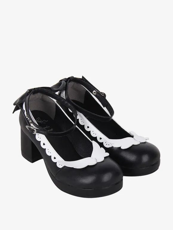 Sweet Lolita Footwear White Bows Bow PU Leather Chunky Heel Lolita Pumps