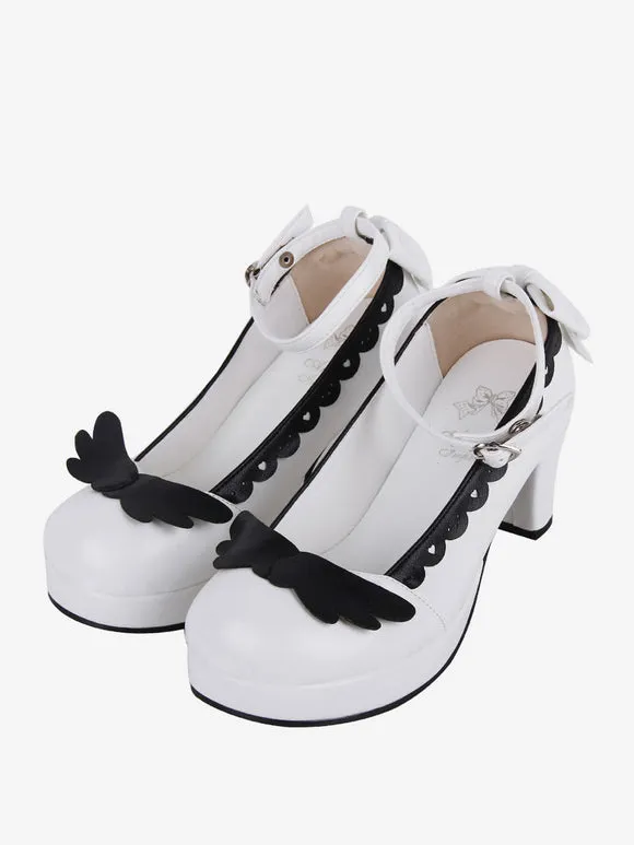 Sweet Lolita Footwear White Bows Bow PU Leather Chunky Heel Lolita Pumps