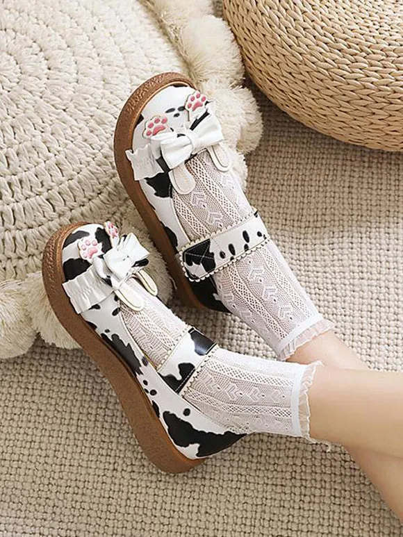 Sweet Lolita Footwear White Bows PU Leather Flat Lolita Pumps