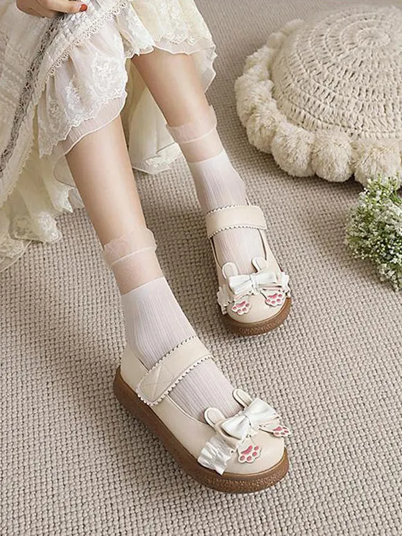 Sweet Lolita Footwear White Bows PU Leather Flat Lolita Pumps