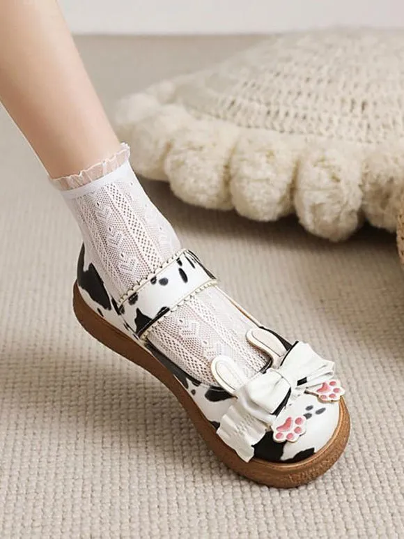Sweet Lolita Footwear White Bows PU Leather Flat Lolita Pumps