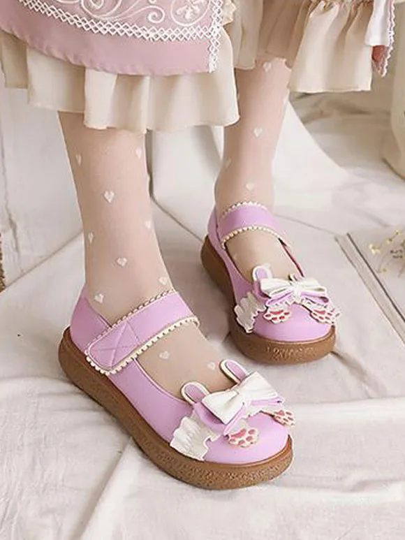 Sweet Lolita Footwear White Bows PU Leather Flat Lolita Pumps