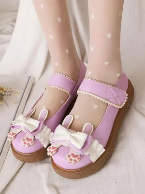 Sweet Lolita Footwear White Bows PU Leather Flat Lolita Pumps