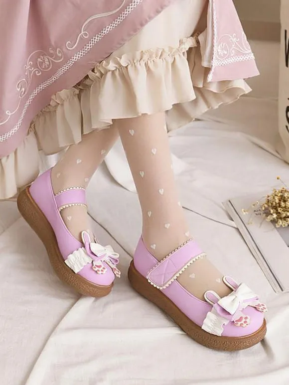 Sweet Lolita Footwear White Bows PU Leather Flat Lolita Pumps