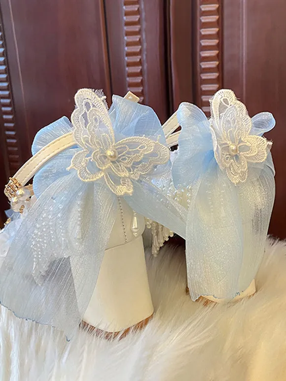 Sweet Lolita Footwear White Pearls Chains Bows PU Leather Chunky Heel Lolita Shoes