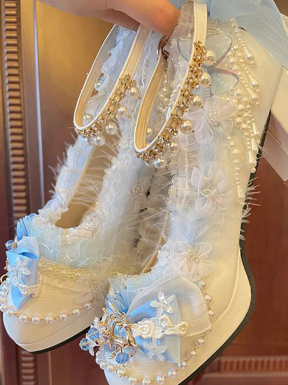 Sweet Lolita Footwear White Pearls Chains Bows PU Leather Chunky Heel Lolita Shoes