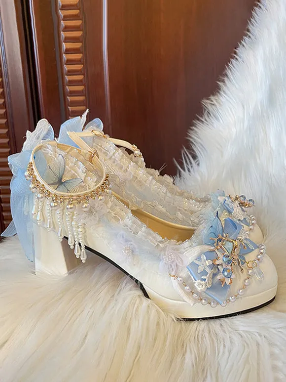 Sweet Lolita Footwear White Pearls Chains Bows PU Leather Chunky Heel Lolita Shoes