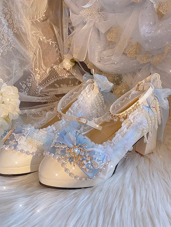 Sweet Lolita Footwear White Pearls Chains Bows PU Leather Chunky Heel Lolita Shoes