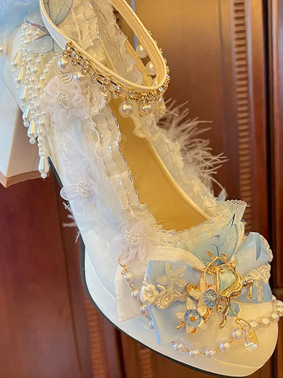Sweet Lolita Footwear White Pearls Chains Bows PU Leather Chunky Heel Lolita Shoes