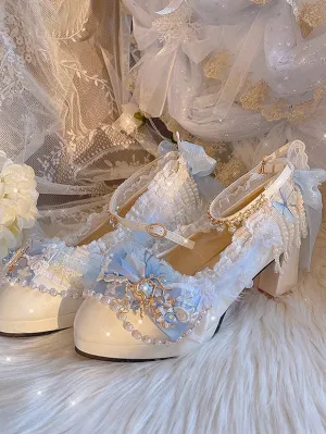 Sweet Lolita Footwear White Pearls Chains Bows PU Leather Chunky Heel Lolita Shoes