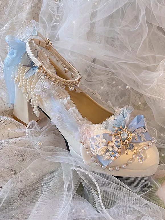 Sweet Lolita Footwear White Pearls Chains Bows PU Leather Chunky Heel Lolita Shoes