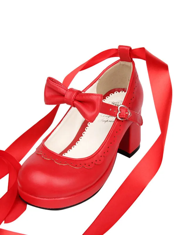 Sweet Lolita Heels Petal Bow Strappy Tie Leg Chunky Heel Red Lolita Shoes
