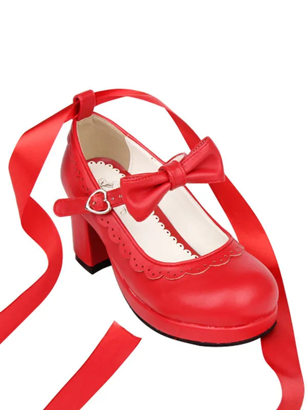 Sweet Lolita Heels Petal Bow Strappy Tie Leg Chunky Heel Red Lolita Shoes
