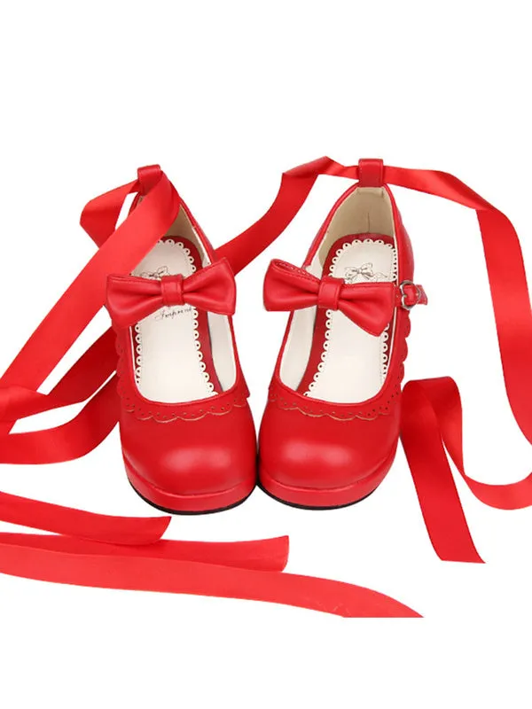 Sweet Lolita Heels Petal Bow Strappy Tie Leg Chunky Heel Red Lolita Shoes