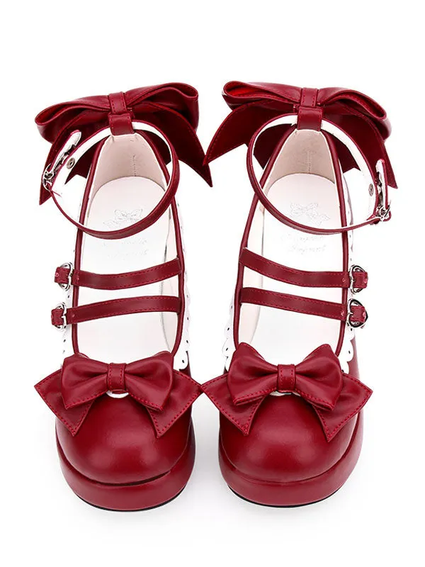 Sweet Lolita Pumps Burgundy Bows Round Toe Flatform Lolita Shoes