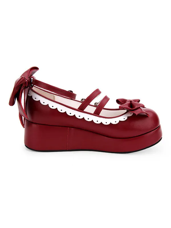 Sweet Lolita Pumps Burgundy Bows Round Toe Flatform Lolita Shoes