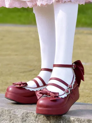 Sweet Lolita Pumps Burgundy Bows Round Toe Flatform Lolita Shoes