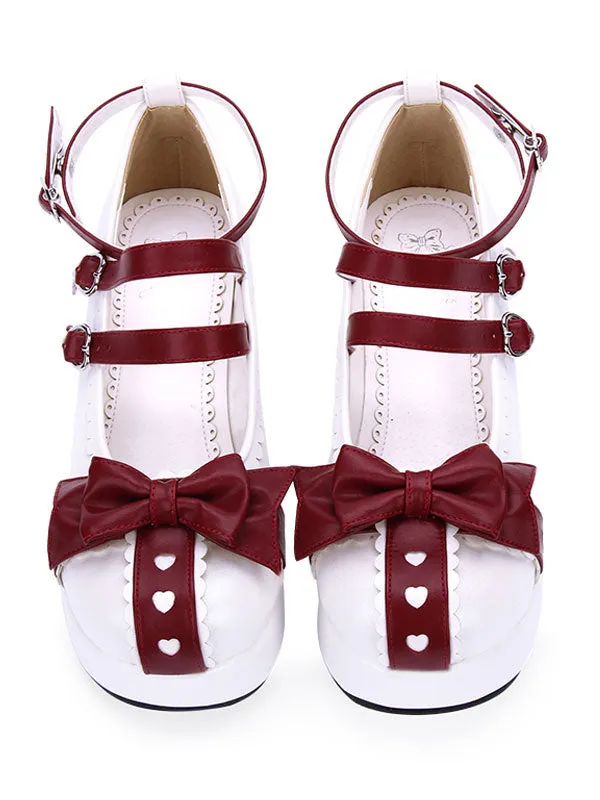 Sweet Lolita Pumps Sweetheart Bow Strappy Two Tone Platform PU Lolita Shoes