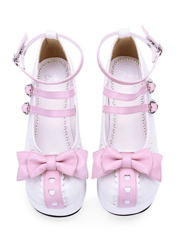Sweet Lolita Pumps Sweetheart Bow Strappy Two Tone Platform PU Lolita Shoes