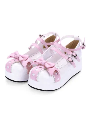 Sweet Lolita Pumps Sweetheart Bow Strappy Two Tone Platform PU Lolita Shoes