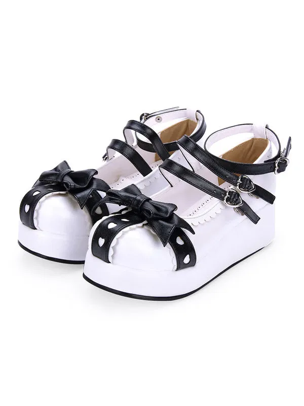 Sweet Lolita Pumps Sweetheart Bow Strappy Two Tone Platform PU Lolita Shoes