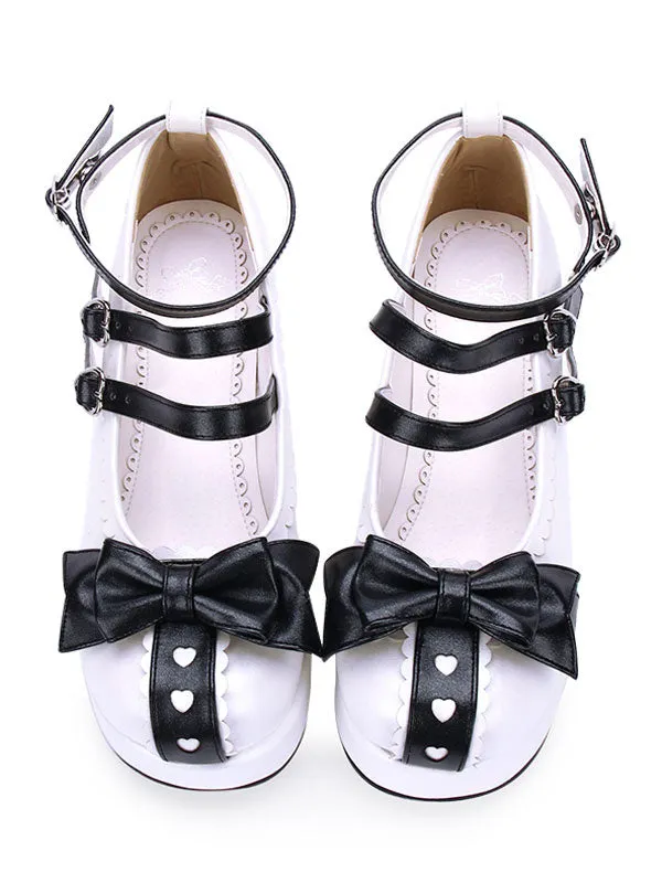 Sweet Lolita Pumps Sweetheart Bow Strappy Two Tone Platform PU Lolita Shoes