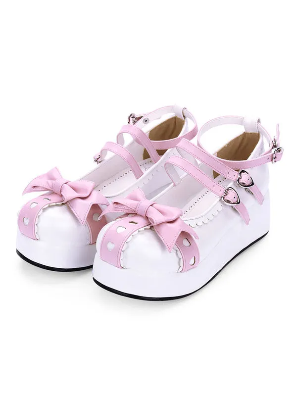 Sweet Lolita Pumps Sweetheart Bow Strappy Two Tone Platform PU Lolita Shoes