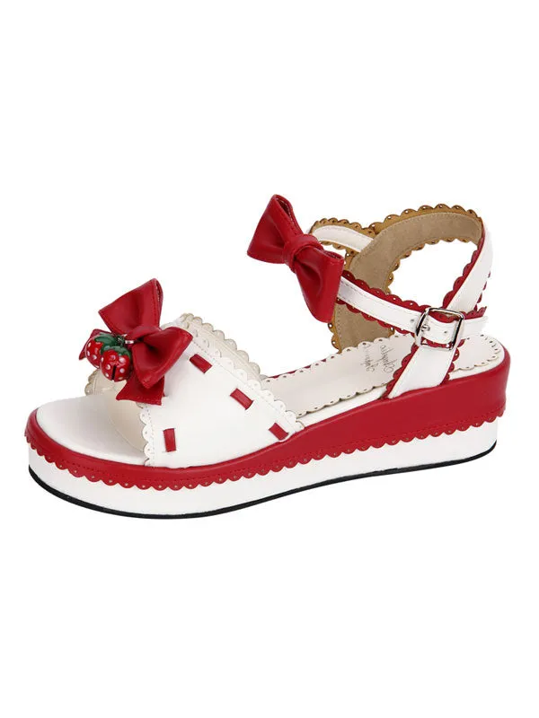 Sweet Lolita Sandals Strawberry Bell Bows White Lolita Shoes
