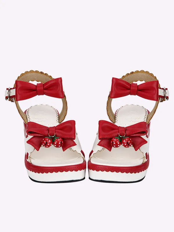 Sweet Lolita Sandals Strawberry Bell Bows White Lolita Shoes