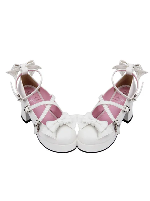 Sweet Lolita Shoes Bow Strappy Round Toe Platform White Lolita Heels