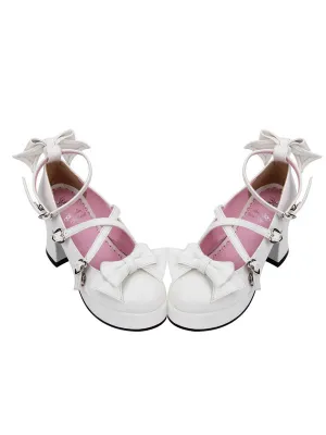 Sweet Lolita Shoes Bow Strappy Round Toe Platform White Lolita Heels