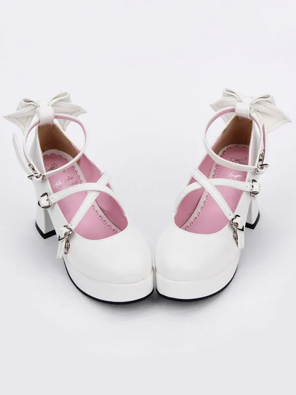 Sweet Lolita Shoes Bow Strappy Round Toe Platform White Lolita Heels