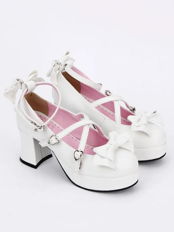 Sweet Lolita Shoes Bow Strappy Round Toe Platform White Lolita Heels