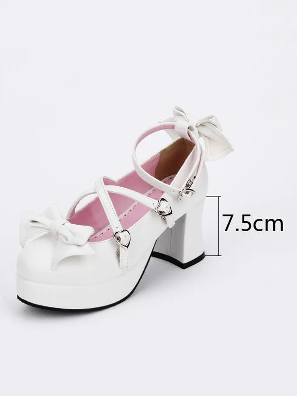Sweet Lolita Shoes Bow Strappy Round Toe Platform White Lolita Heels